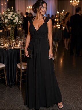 Black Chiffon Pleated Empire Waist Formal Evening Gown Dress